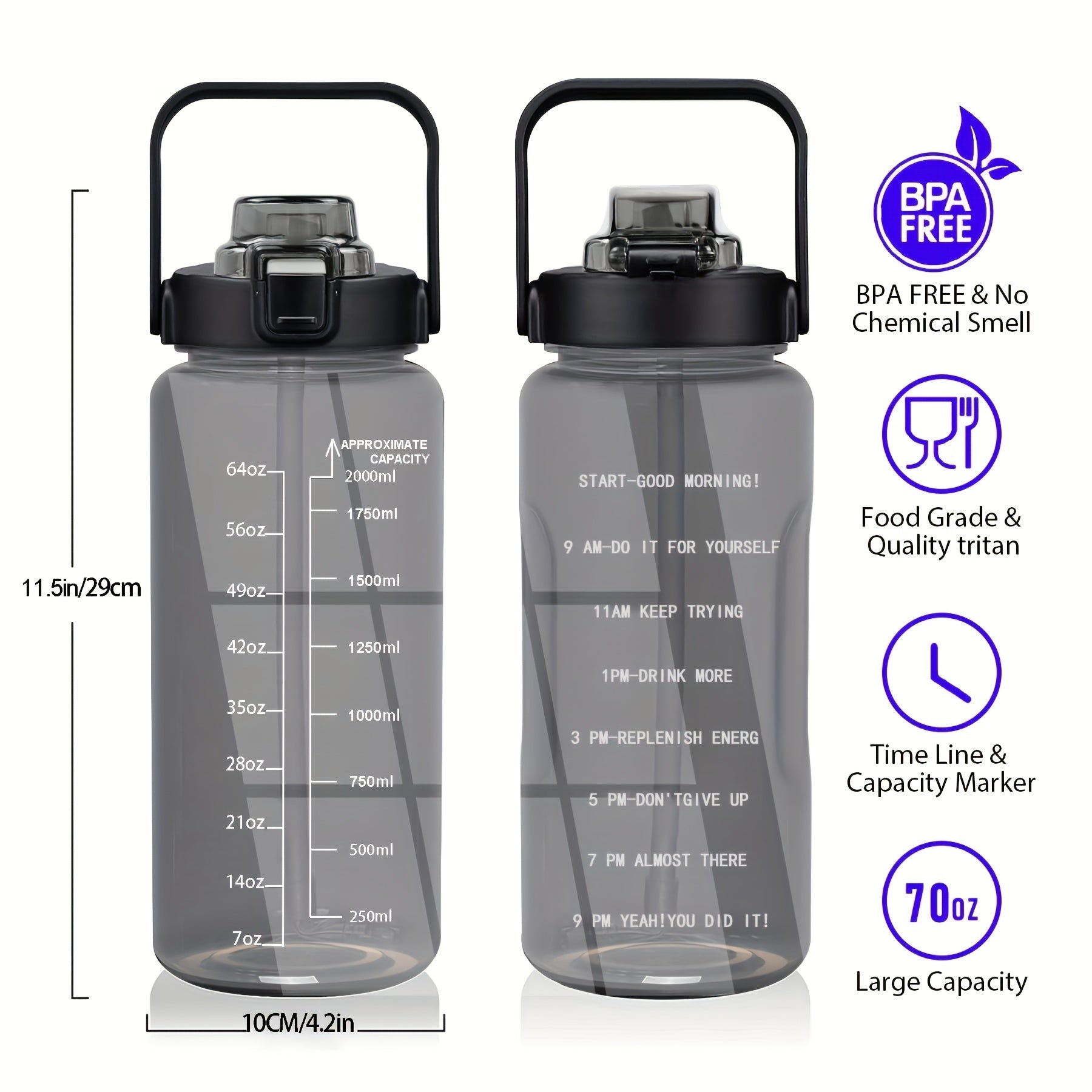 Botella de agua fitness de 1,89 L (½ galón). Ideal para entrenamientos intensos, gimnasio y actividades al aire libre. Fabricada con materiales resistentes y libre de BPA.