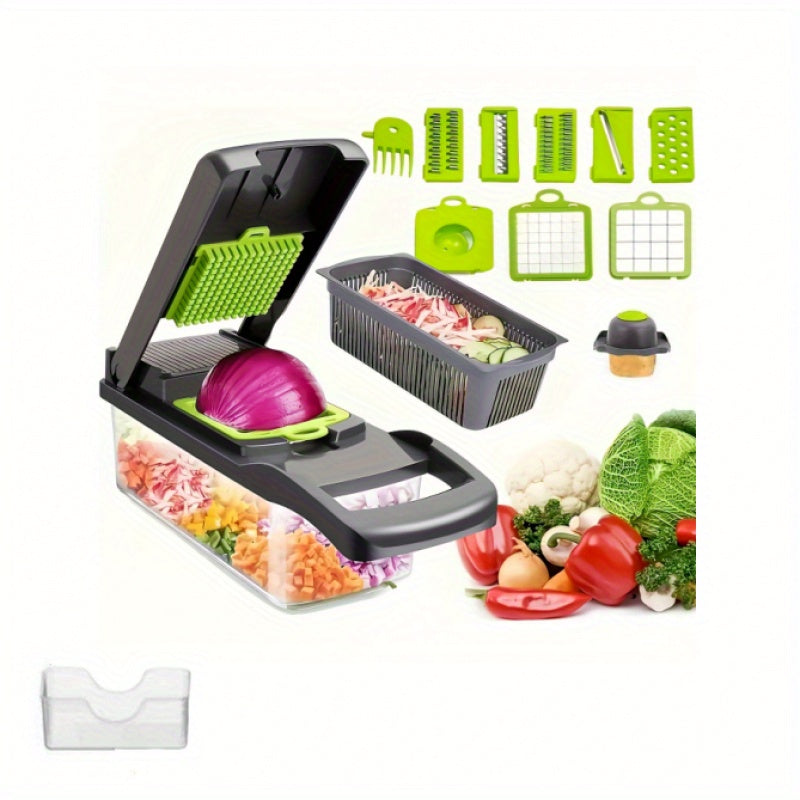 15pcs multifunctional vegetable chopper-stainless steel blade, handle food grinder, vegetable slicer, and onion chopper- suitable for french fries, large capacity slicers, and shredders-perfect for daily kitchen use-an excell