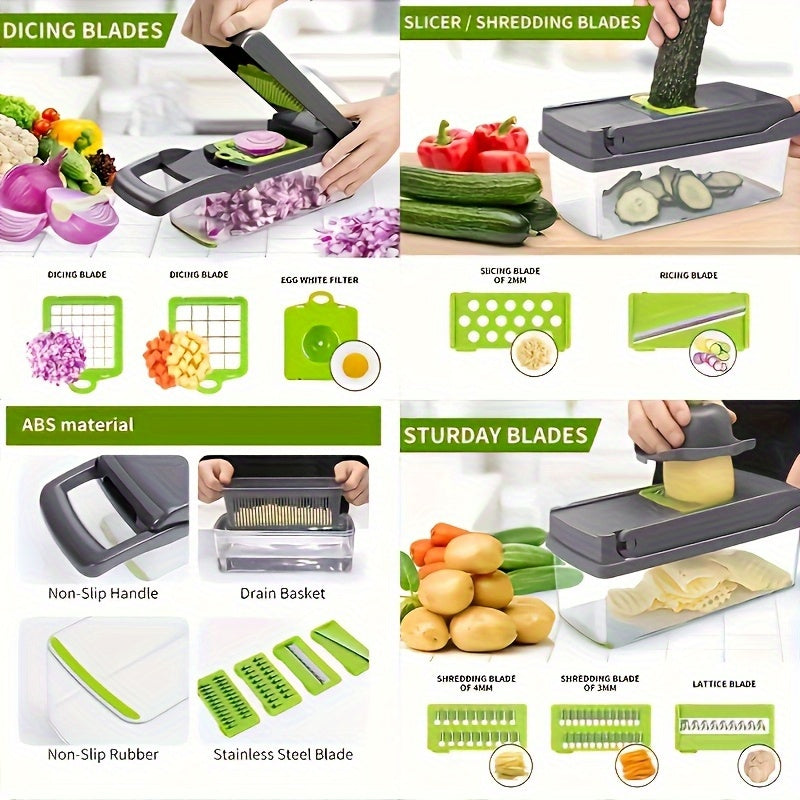 15pcs multifunctional vegetable chopper-stainless steel blade, handle food grinder, vegetable slicer, and onion chopper- suitable for french fries, large capacity slicers, and shredders-perfect for daily kitchen use-an excell