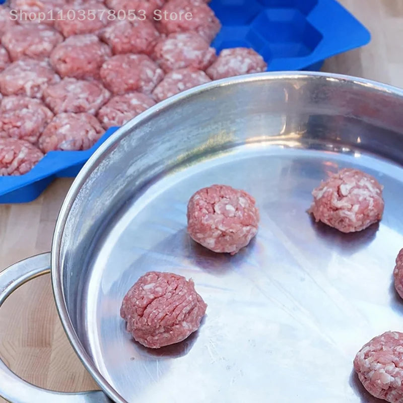 Molde de silicona para albóndigas de 37 rejillas con tapa, fabricante de bolas de arroz en forma de panal, bolas de pescado, molde para bolas de carne, herramientas para carne, accesorios de cocina