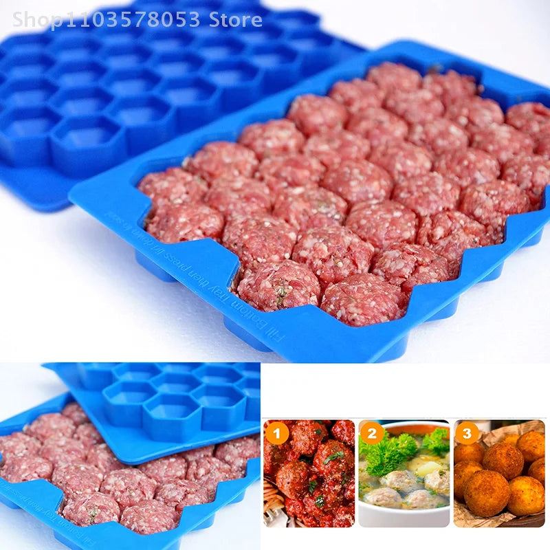 Molde de silicona para albóndigas de 37 rejillas con tapa, fabricante de bolas de arroz en forma de panal, bolas de pescado, molde para bolas de carne, herramientas para carne, accesorios de cocina