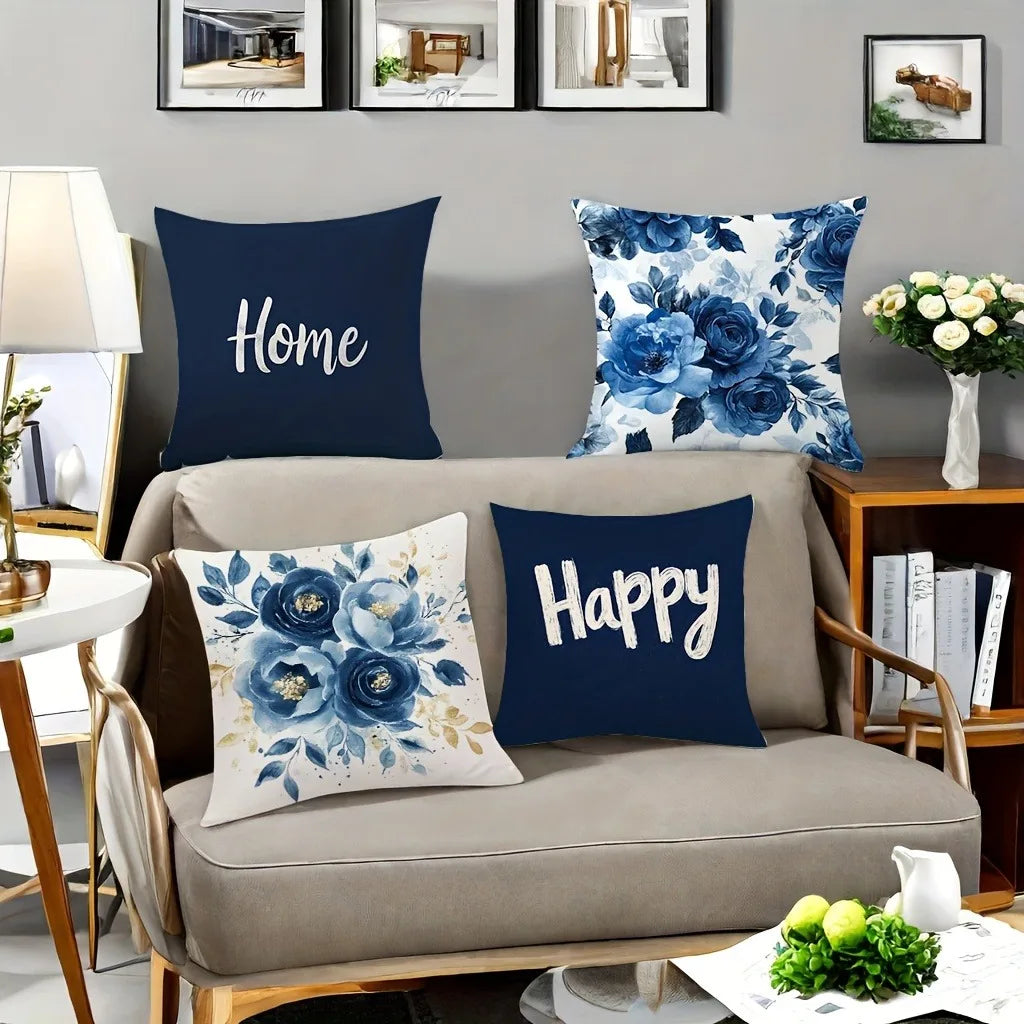 Funda de almohada decorativa de flores azules, Material de poliéster ultrasuave.