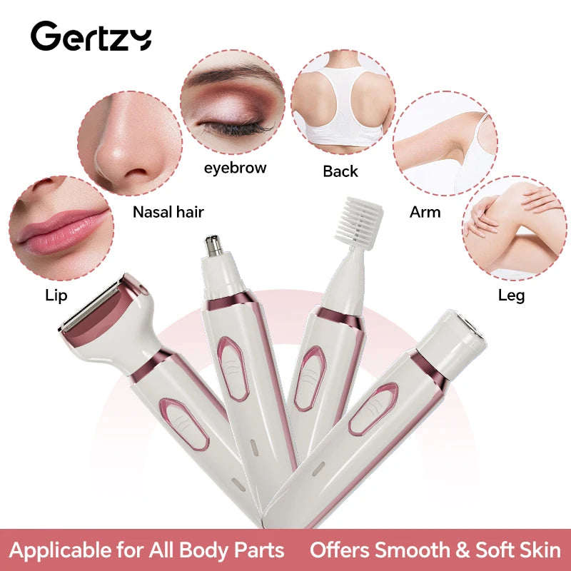 Maquinilla de afeitar eléctrica recargable 4 en 1 para mujer: rostro, nariz, piernas, axilas y recortador de bikini