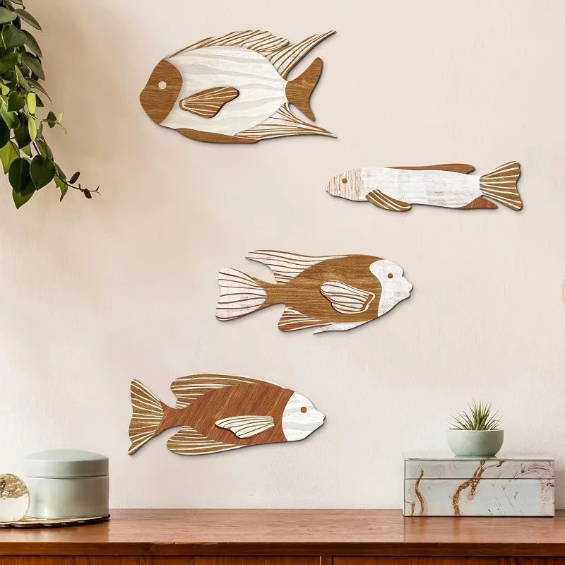 Juego de 4 peces decorativos de pared  de madera y hechos a mano.