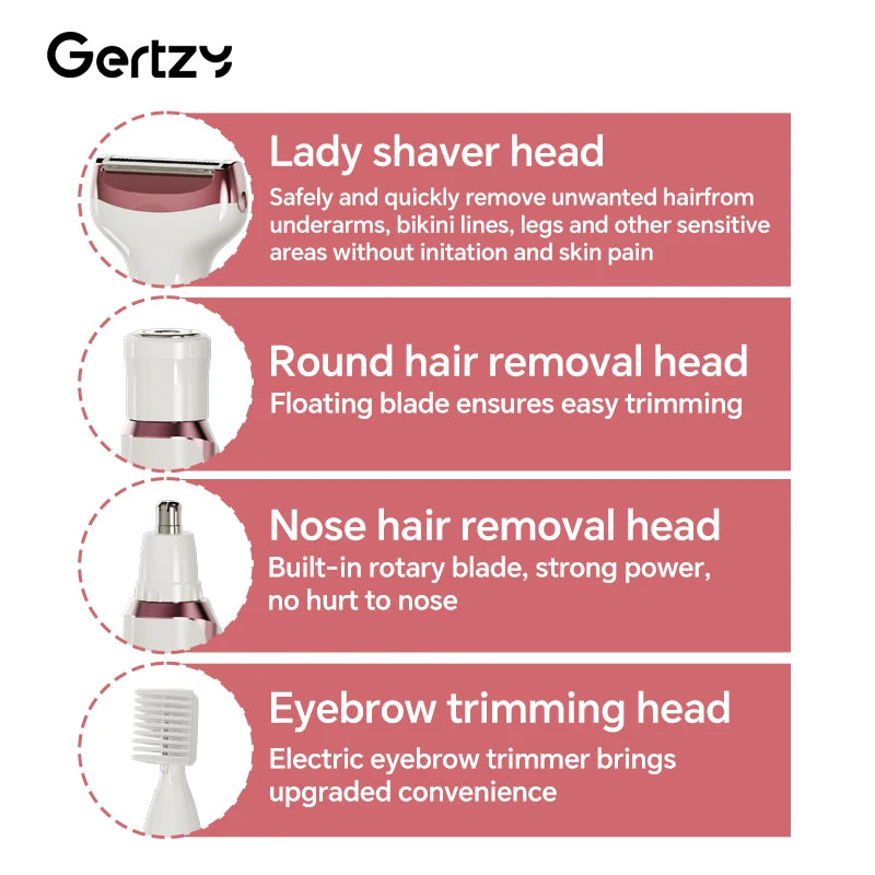 Maquinilla de afeitar eléctrica recargable 4 en 1 para mujer: rostro, nariz, piernas, axilas y recortador de bikini