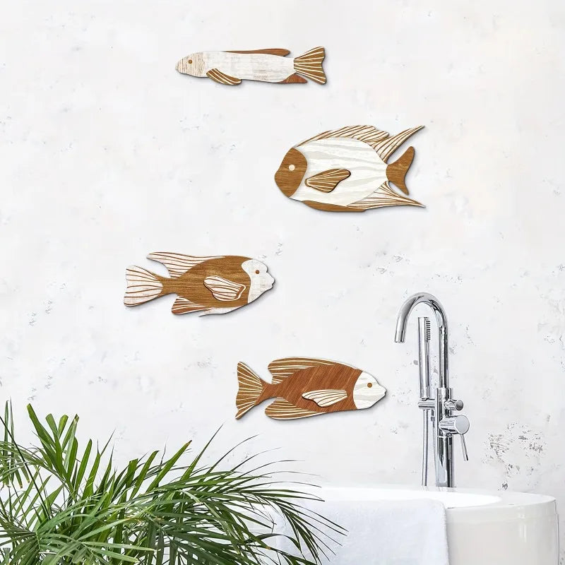 Juego de 4 peces decorativos de pared  de madera y hechos a mano.