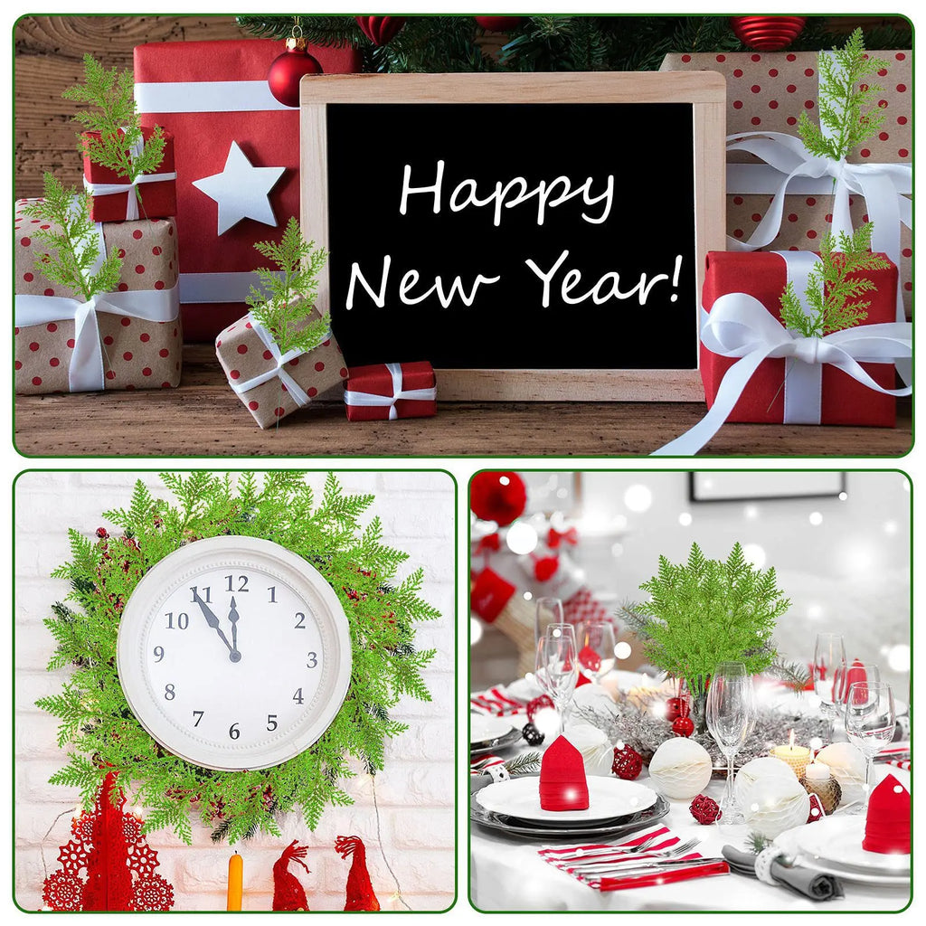 Decoración navideña, ramas brillantes, bayas, ramo de flores artificiales,