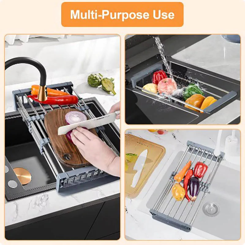 Escurridor para fregadero de cocina, cesta plegable de acero inoxidable para lavar platos.