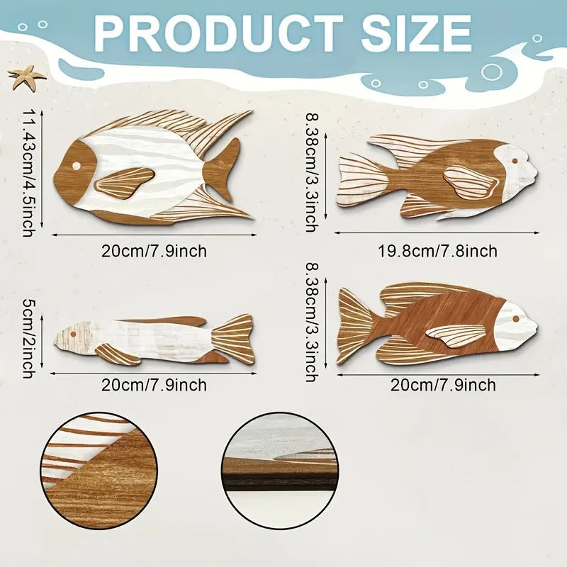 Juego de 4 peces decorativos de pared  de madera y hechos a mano.