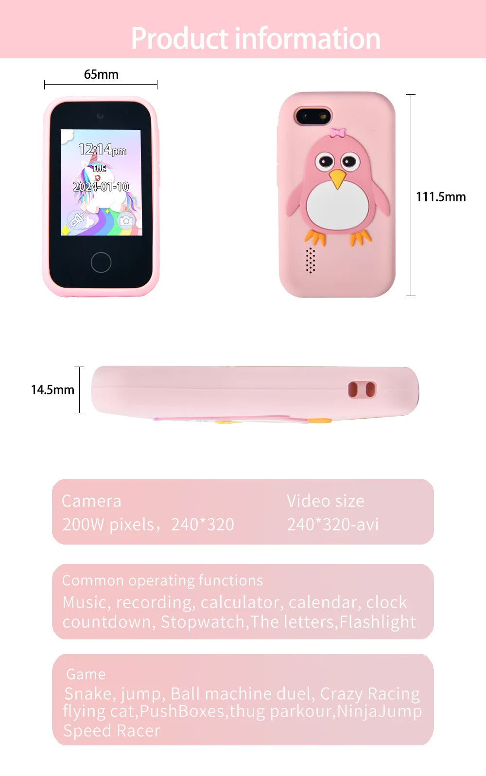 Cámara de teléfono inteligente para niños, , 18 juegos, pantalla táctil, juguete de aprendizaje para niños de 3 a 12 años, reproductor de MP3.