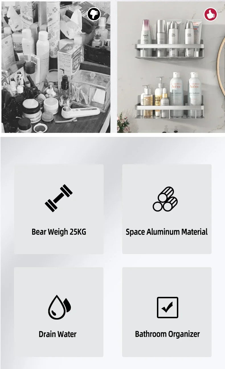 Estante de baño o cocina de aleación de aluminio, organizador de almacenamiento , sin Taladro!!