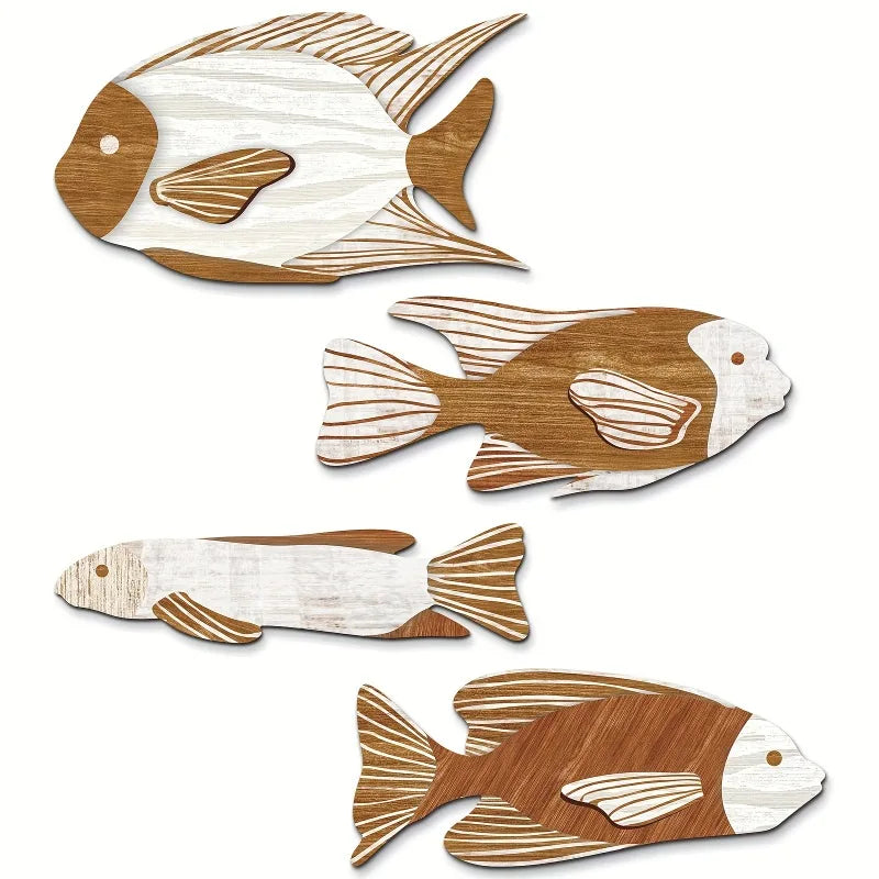 Juego de 4 peces decorativos de pared  de madera y hechos a mano.