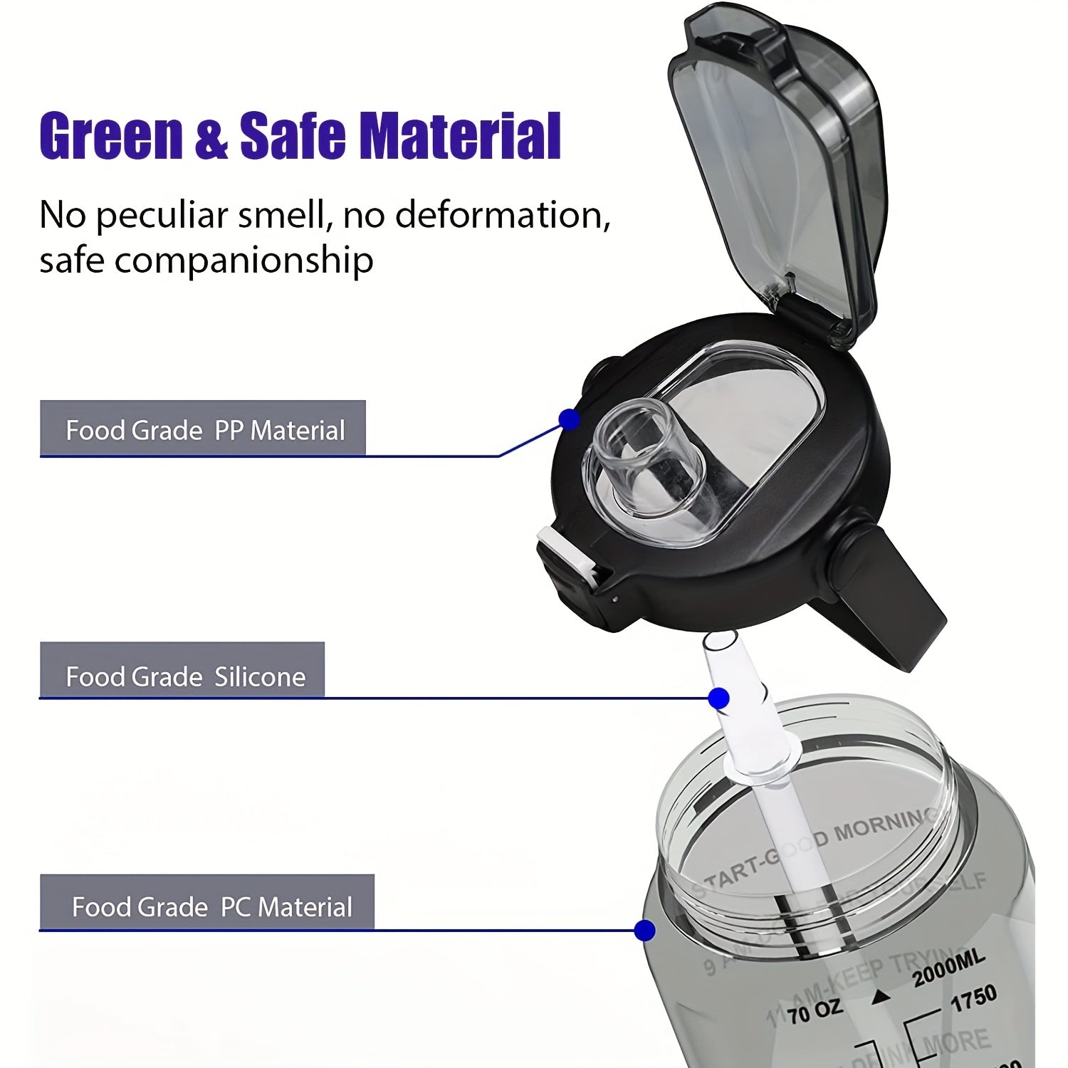 Botella de agua fitness de 1,89 L (½ galón). Ideal para entrenamientos intensos, gimnasio y actividades al aire libre. Fabricada con materiales resistentes y libre de BPA.